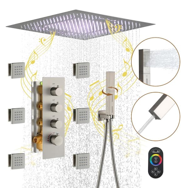 CASAINC 3-Spray LED Thermostatic Shower Systems 2.5 GPM Fixed and Handheld Shower Head in Brushed Nickel