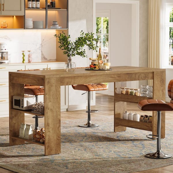 Halseey Brown Wood 63 in. Kitchen Island with Storage, Farmhouse Stationary Island Table Counter Height Dining Table