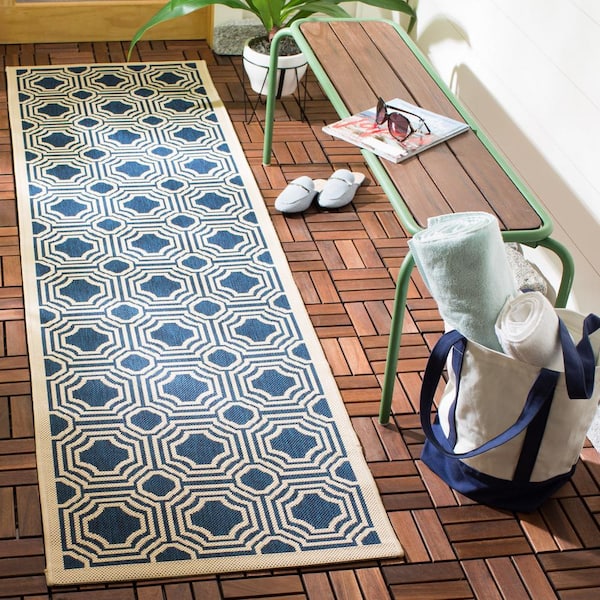 Courtyard Navy/Beige 2 ft. x 8 ft. Border Indoor/Outdoor Patio  Runner Rug