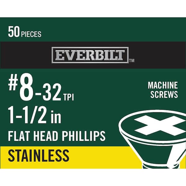 Everbilt #8-32 x 1-1/2 in. Phillips Flat Head Stainless Steel Machine Screw (50-Pack)