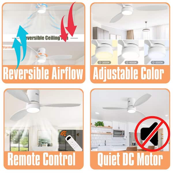 Oakridge Series 52 in. Indoor Matte White Low Profile 3-Blade Solid Wood Ceiling Fan with Remote Included Flush Mount