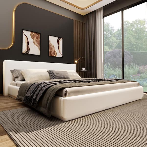 Ellis Modern White Upholstered Solid Wood Frame Queen Size Platform Bed