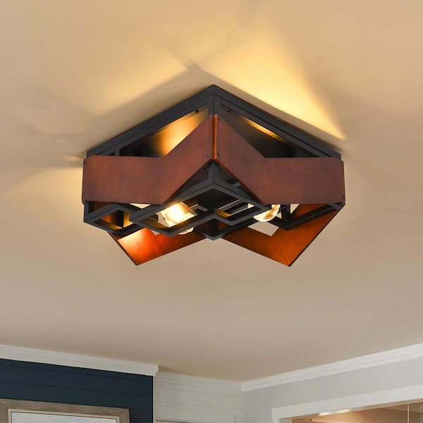 PAKOKULA Farmhouse Rustic 16.6 in. 2-Light Black Square Metal Flush Mount with Wooden Shade