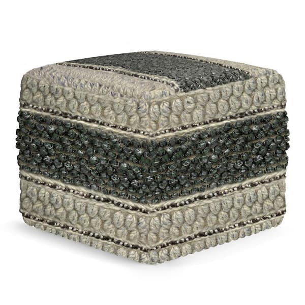 Simpli Home Grady Contemporary Square Pouf in Green and Natural Handloom Woven
