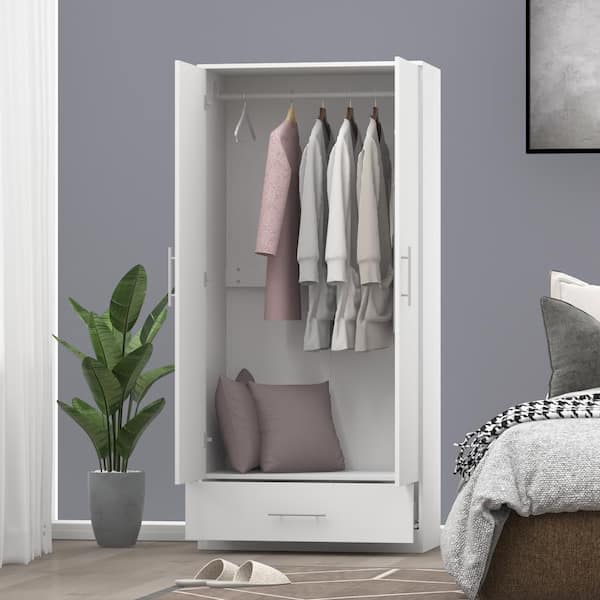 FUFU&GAGA White 2-Door Wardrobe Armoire with 1-Drawers and Hanging Rod 66.9 in. H x 31.5 in. W x 18.9 in. D
