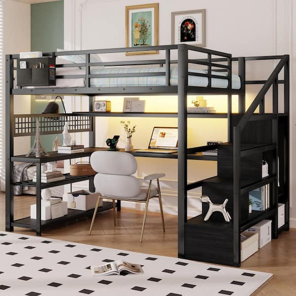 Black Full Metal Loft Bed with Staircase and Wardrobe,Desk