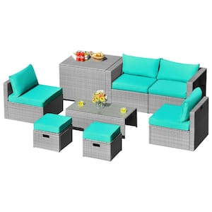 8-Piece Wicker Patio Conversation Set with Turquoise Cushions and Storage Waterproof Cover