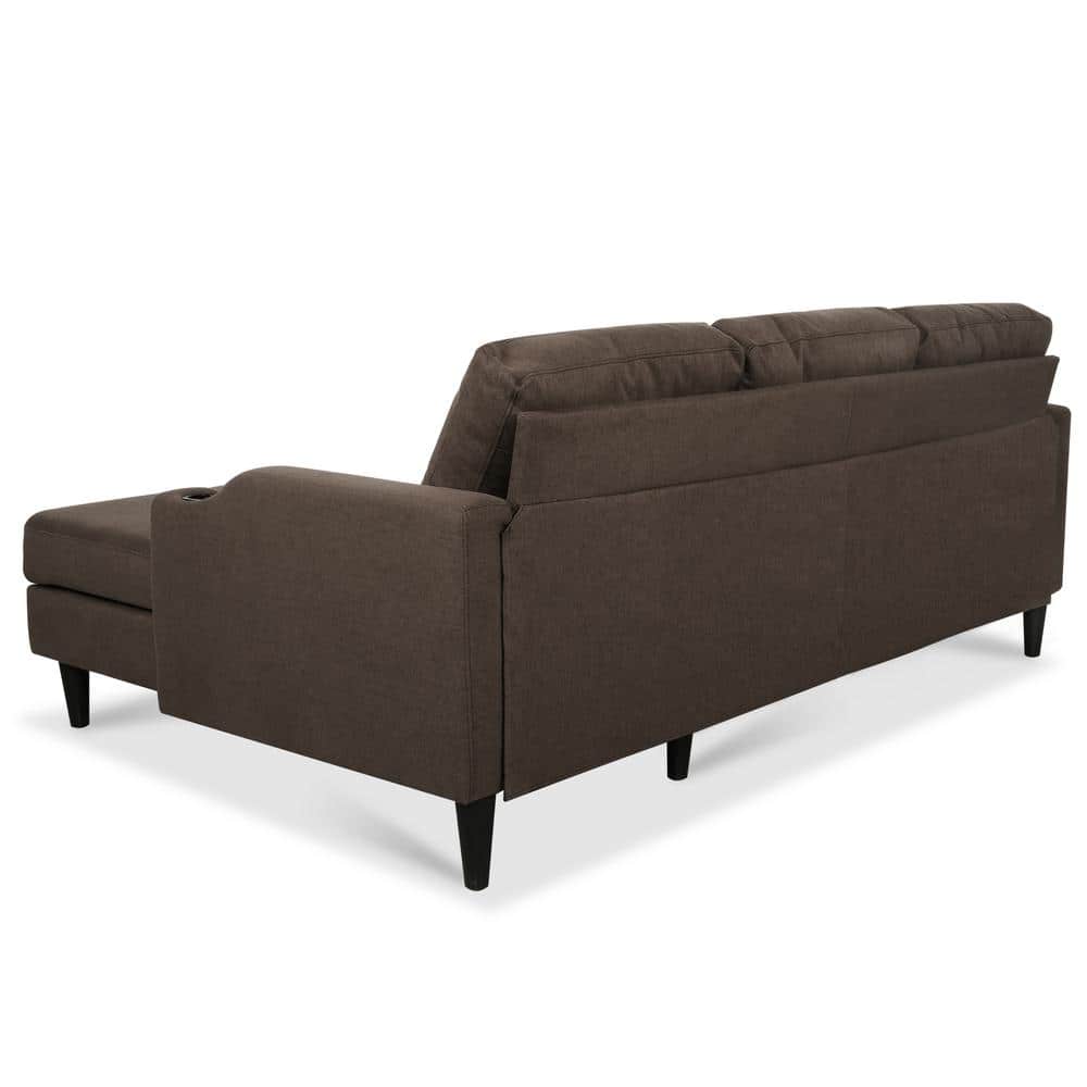 Brown Tufted Linen Fabric Sectional Sofa with Storage and Cup Holders