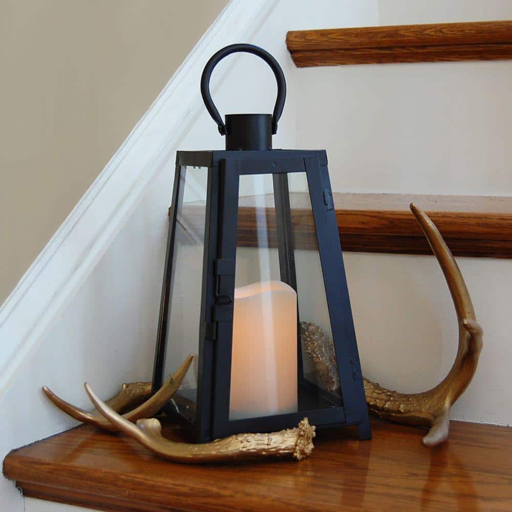 Black Metal Tabletop Lantern with Amber LED Candle