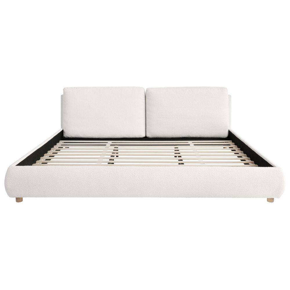 White Wood Frame King Size Boucle Fabric Upholstered Platform Bed with 2-Removable Pillow Headboard - thumbnail 6