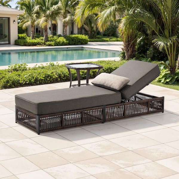R-Woven 2-Piece Brown Wicker Outdoor Chaise Lounge for Outside Patio Adjustable Backrest Lounger with Side Table