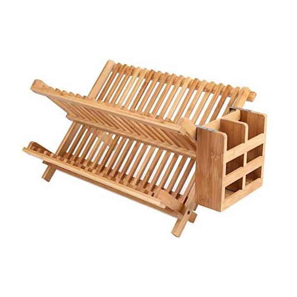 Natural Finish Collapsible 2-Tier Dish Rack with Utensil Holder Space Saving Folding Plate Drainer Organizer