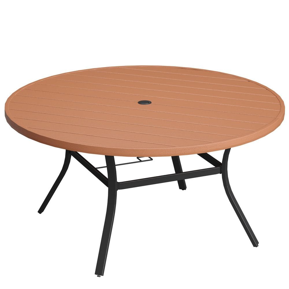56.3 in. Walnut Finish Round Outdoor Metal Patio Dining Table for 8 with Umbrella Hole, All-Weather Wood-Like Top price history on PriceWatchPro
