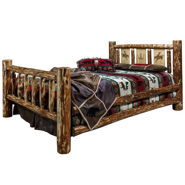 Montana Woodworks Glacier Brown Queen Laser Engraved Bronc Motif Spindle Style Bed