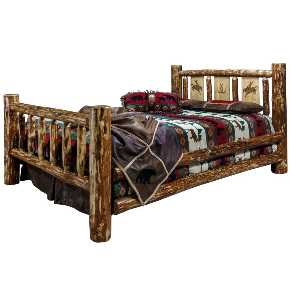 Twin Brown Pine Wood Frame Panel Bed with Engraved Headboard