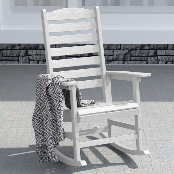 Mximu White All Weather Resistant HIPS Plastic Patio Outdoor Rocking Chair for Lawn, Porch, Indoor and Garden