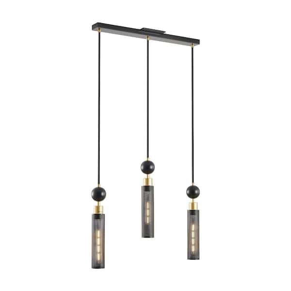 40-Watt 3 Light Black & Gold Metal Pendant Light with Cylindrical Mesh Shade, Adjustable Cord and No Bulbs Included