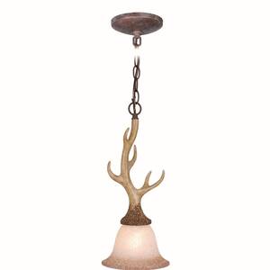 Lodge 1-Light Rustic Noachian Stone Antler Mini Pendant Ceiling Light Cream Glass