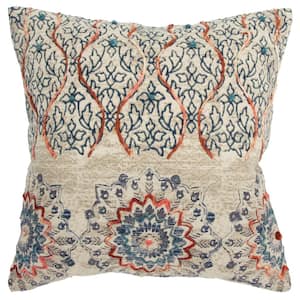 Natural/Blue Floral Poly Filled 20 in. x 20 in. Decorative Throw Pillow