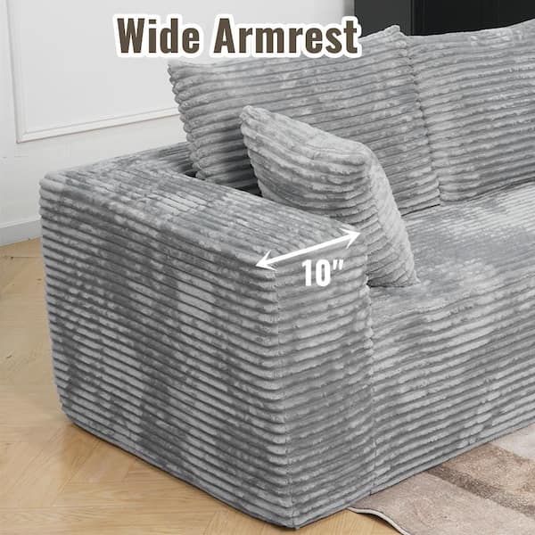 134 in. Square Arm Gray Corduroy Fabric Rectangle Modular Sectional Sofa Boneless Couch with Pillows