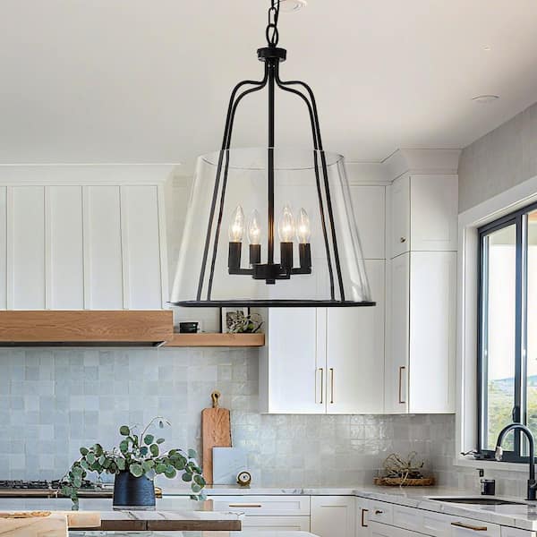 Dvorakova 16.22 in. 4-Light Farmhouse Matte Black Hanging Pendant Light with Glass Shade
