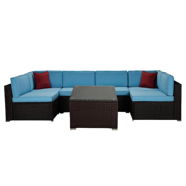 Willit Brown 7-Piece Wicker Patio Conversation Sectional Seating Set with Blue Cushions