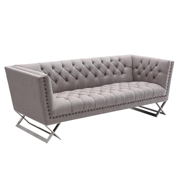 Armen Living Odyssey Sofa in Brushed Steel Finish with Grey Tweed Upholstery and Black Nail Heads