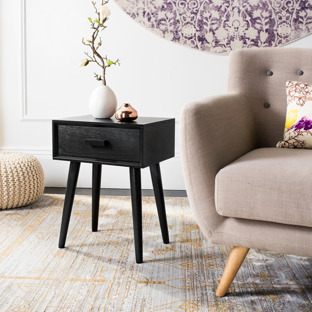 Lyle Transitional Black Pine Wood Rectangular Side Table with Storage