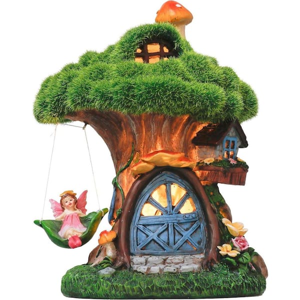 Green Resin Solar Fairy House Garden Statue