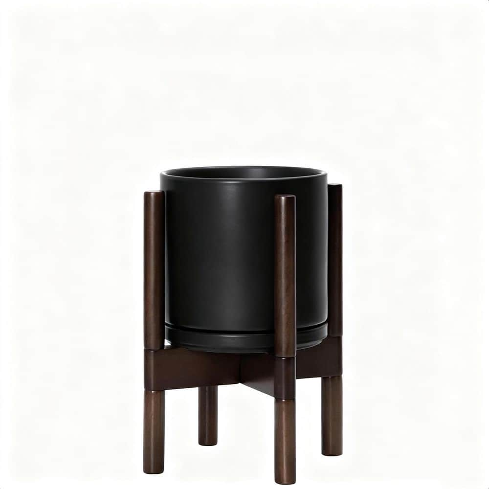Black Ceramic Round Flower Planter Pot with Wood Planter Holder (8 in. W x 8 in. H) for Garden Decor price history on PriceWatchPro