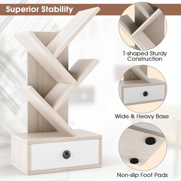 Gymax 5-Tier Tree Bookshelf with Wooden Drawer Display Storage