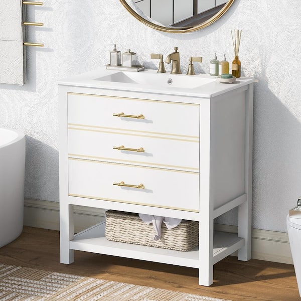 FAMYYT 30 in. W x 18.3 in. D x 33.7 in. H Single Sink Freestanding Bath Vanity in White with White Ceramic Top and Drawers