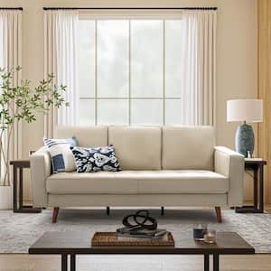 Agamemnon 82 in. W Square Arm Genuine Leather Rectangle Sofa with Solid Wood Legs in. Beige