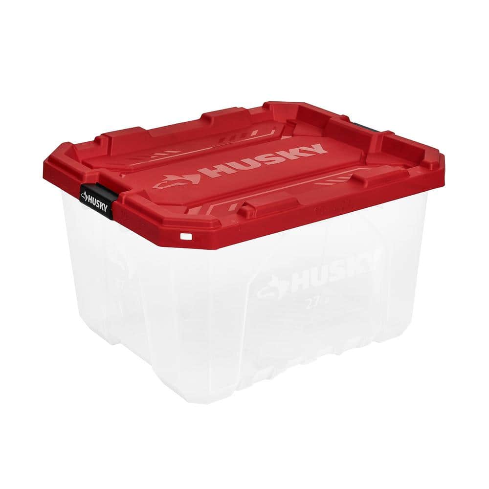 Husky 27 Gal. Pro Grip Storage Tote in Clear with Red Lid 999-27G