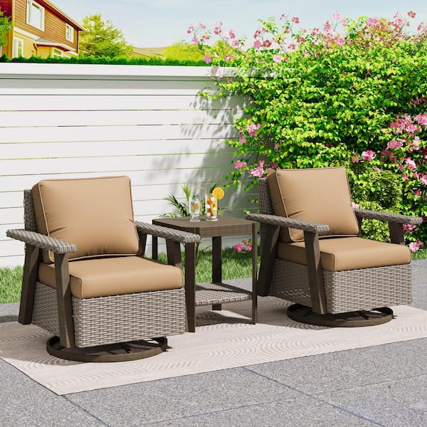 JOYSIDE 3-Piece Wicker Patio Swivel Rocking Chair Conversation Set with Tan Cushions