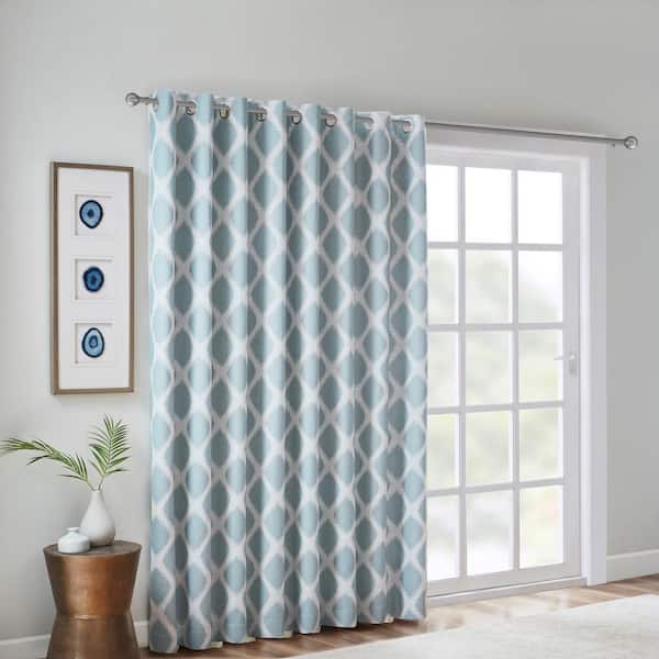 Madison Park Kagen Aqua Printed Ikat Patio 100 in. W x 84 in. L Blackout Grommet Top Curtain