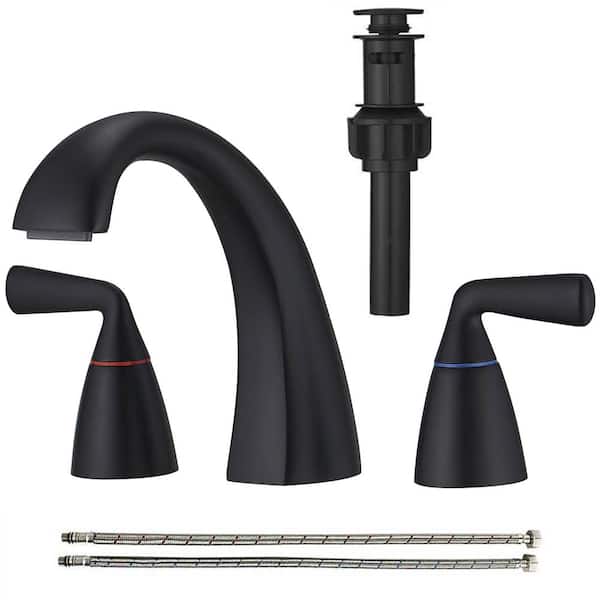 BESy 8 in. Widespread Bathroom Sink Faucet 2 Handle Waterfall Bathroom Faucet with Pop Up Drain Assembly in Matte Black