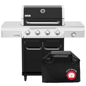 Gourmet Pro 4 Burner Propane Gas Grill with Side Burner in Black with Cover