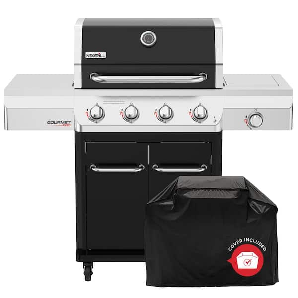 Gourmet Pro 4 Burner Propane Gas Grill with Side Burner in Black with Cover
