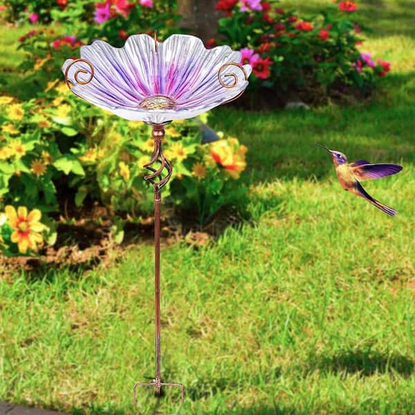 31 in. H x 11 in. Dia Purple Glass Birdbath with Metal Stake