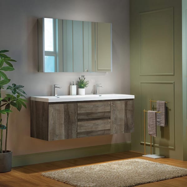 NJ 59 in. W x 19.63 in. D x 22.5 in. H Double Sink Floating Bath Vanity in Grey Oak with White Resin Top