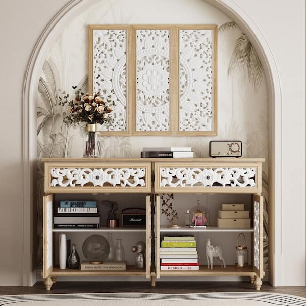 Light Oak 39 in. Accent Storage Cabinet with 4 Shelves, Carved Floral Doors, Matching Wall Decor Panel Set