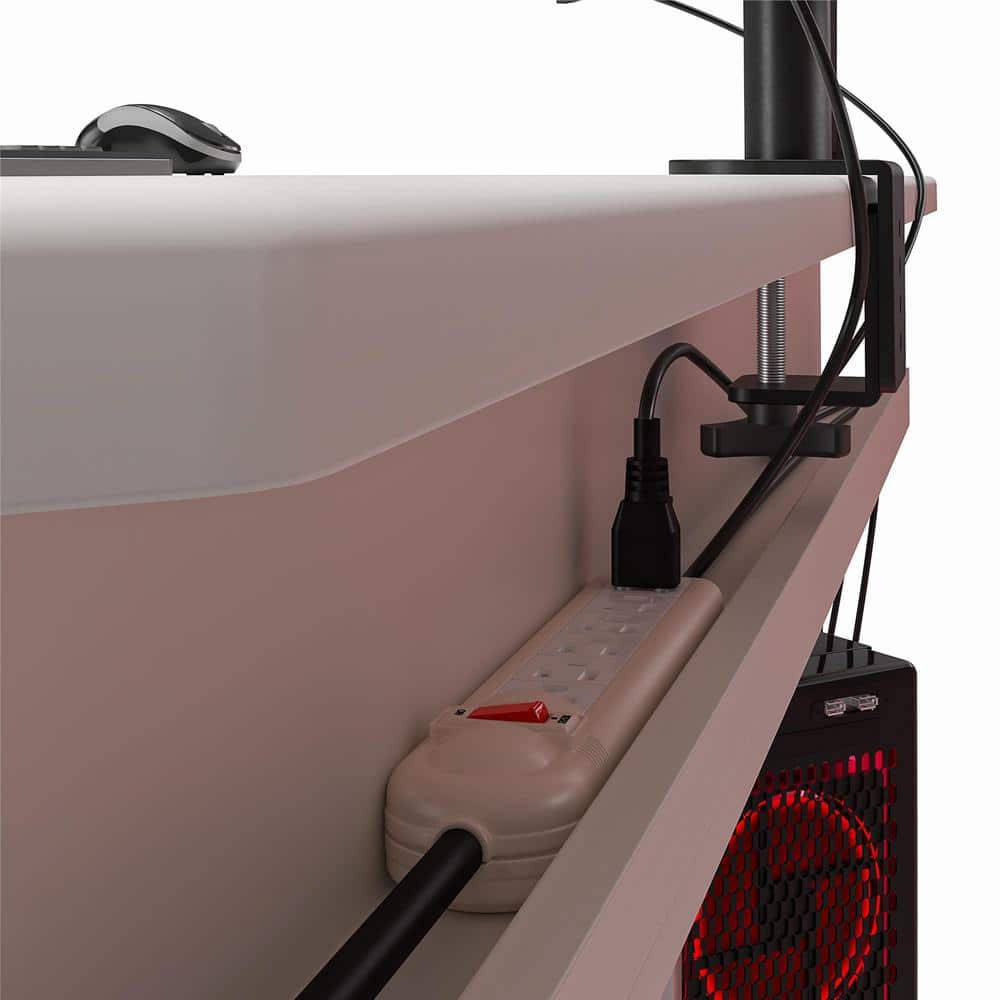 White and Silver L-Shaped Gaming Desk with CPU Stand