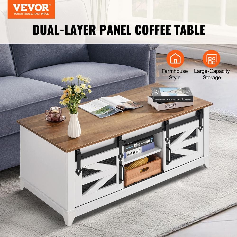 48" White and Walnut Wood Lift-Top Farmhouse Coffee Table