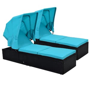 Black 2-Piece 76.8 in. L Wicker Outdoor Chaise Lounge with Blue Cushions, Canopy and Cup Table