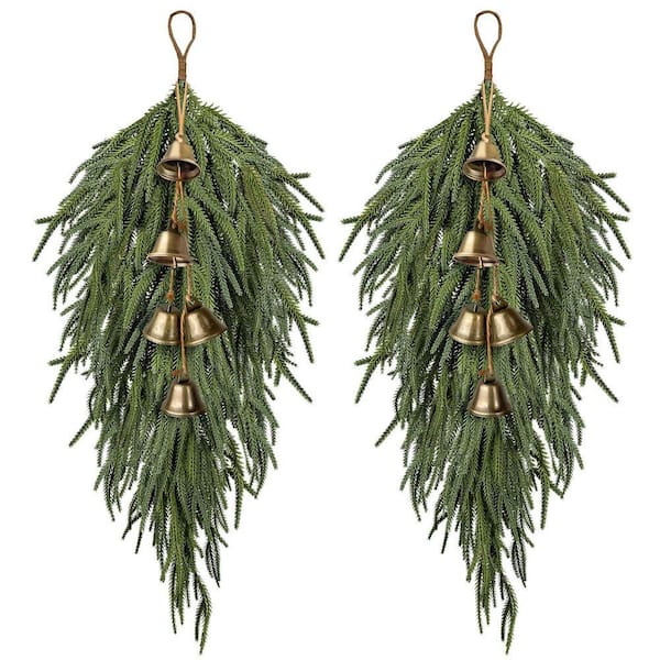 27.5 in. 2 Pcs Norfolk Pine Teardrop Artificial Christmas Swag with Bell for Door Window Mantle Fireplace Wall
