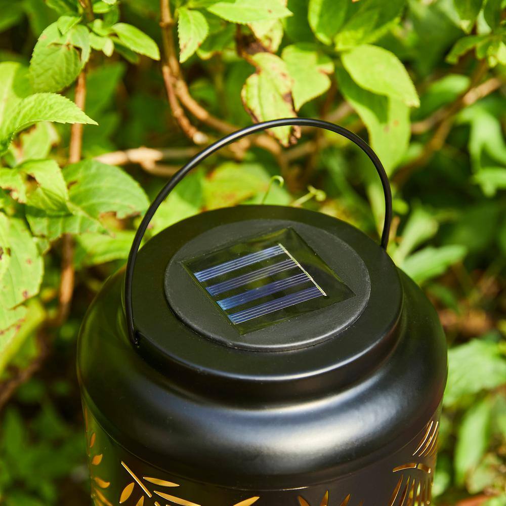 Black Metal Cylinder Solar Powered Outdoor Lantern with Leaf Cutouts