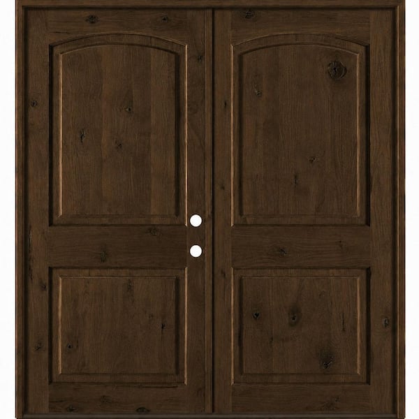 72 in. x 80 in. Rustic Knotty Alder 2-Panel Arch-Top Active Left Double BEHR Espresso Stain Wood Prehung Front Door