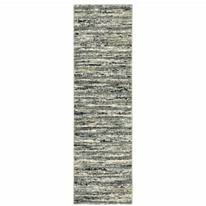 2' X 8' Blue Green Light Blue Grey And Ivory Abstract Power Loom Stain Resistant Runner Rug