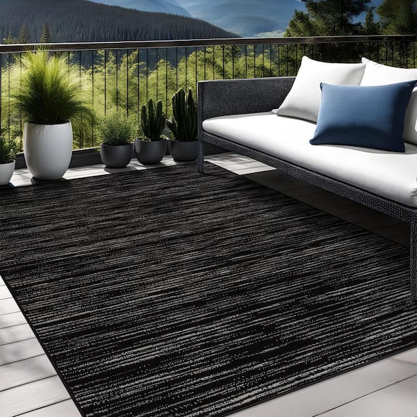 Linea Black 6 ft. x 9 ft. Rubber Back Washable Modern Striped Indoor Outdoor Patio Area Rug